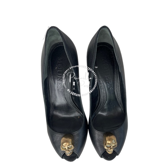 Alexander McQueen Skull Peep Toe Pumps Gold Skull Crystals Black Leather - Picture 14 of 15